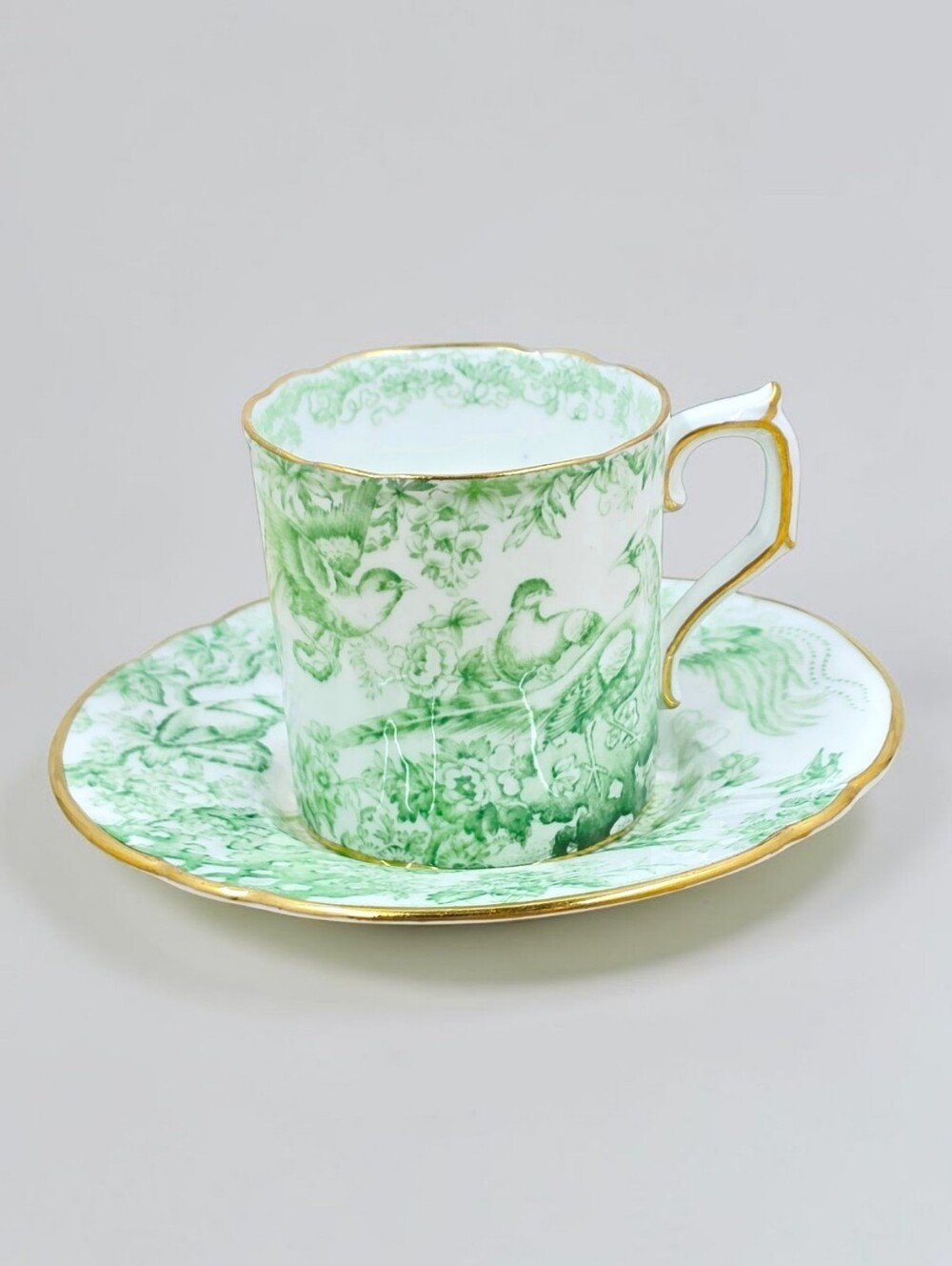 Royal Crown Derby Aves Green Demitasse Cup & Saucer Gold Rim England